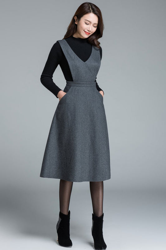 Gray Wool Blend Suspender Dress – Handmade A-Line Winter Midi | Xiaolizi 1645