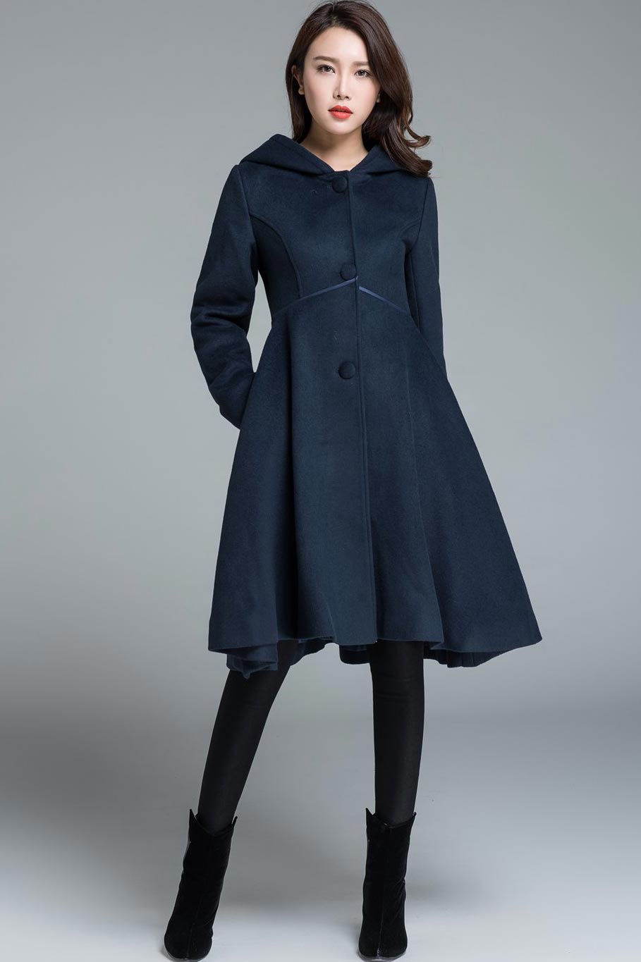 Long Wool Coat, Women's Winter Coat, Hooded Coat, Maxi Coat, Navy