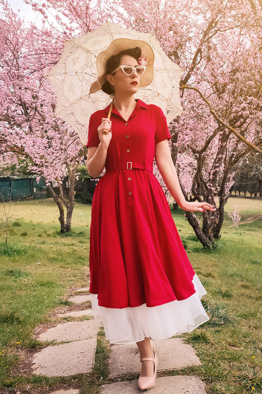 Retro Red Linen Midi Dress - Vintage Summer Elegance 3417