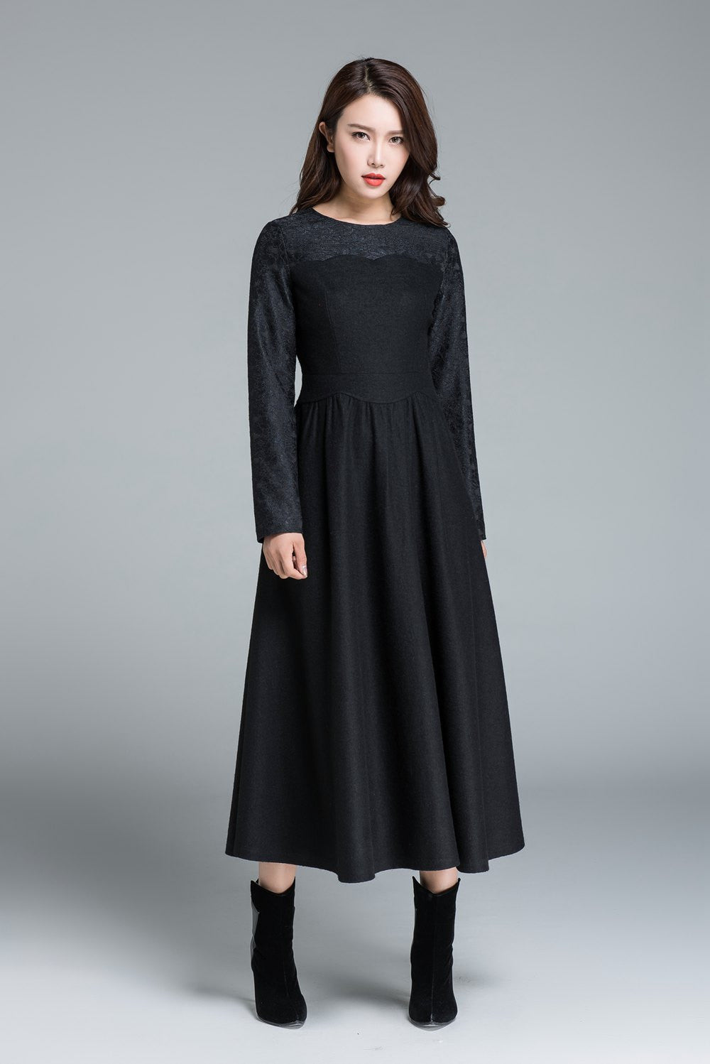 Black Wool Winter Dress Lace Sleeve Midi Evening Dress 1650 Xiaolizi Black Wool Winter Dress Lace Sleeve Midi Evening Dress 1650 Xiaolizi