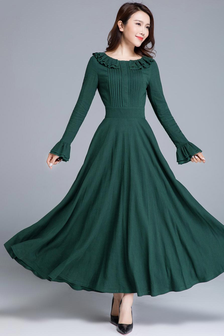 Vintage Dark Green Linen Maxi Dress Ruffled Collar & Cuffs 1651 Xiaolizi Vintage Dark Green Linen Maxi Dress Ruffled Collar & Cuffs 1651 Xiaolizi