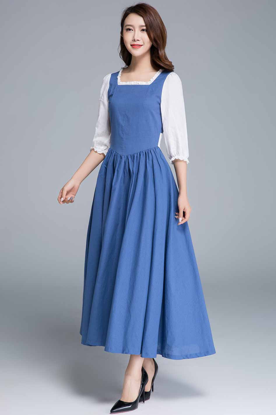 Blue Linen Princess Dress Belle Inspired Maxi Party Dress 1659 Blue / S Blue Linen Princess Dress Belle Inspired Maxi Party Dress 1659 Blue / S