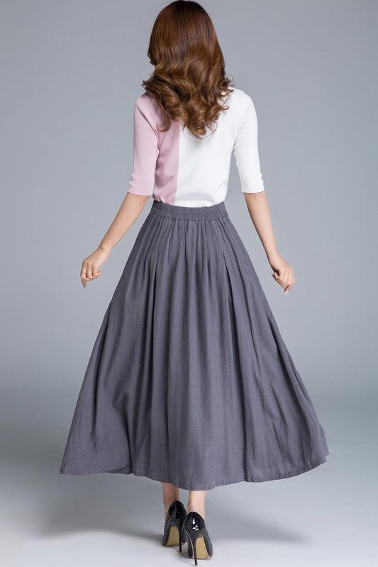 Grey Linen Maxi Skirt - Swing Silhouette with Button Detail 1661