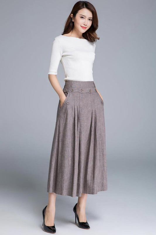 Light Brown Linen Midi Skirt - Fitted Waist, Button Detail 1663