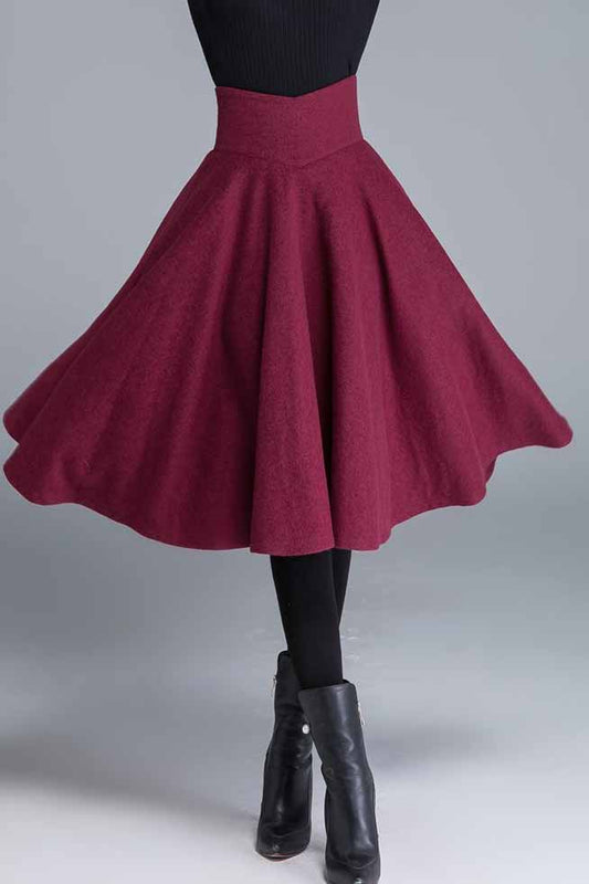 Women’s Burgundy Wool Blend Midi Skirt – High Waist Swing Style 1678