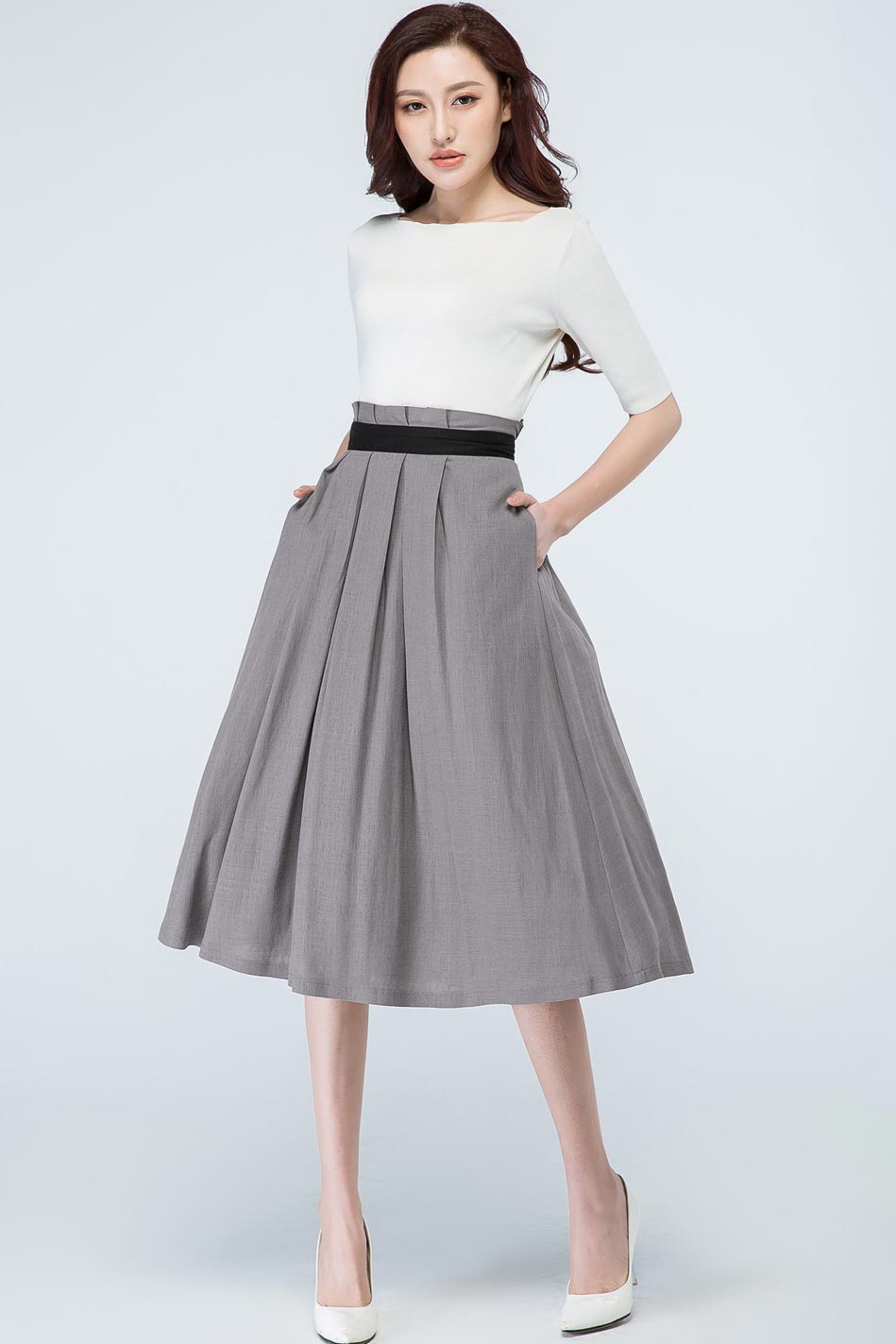 Pleated waist A line midi skirt 1691#