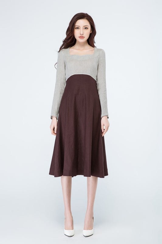 long sleeves dress, colorblock dress, grey and brown dress 1699