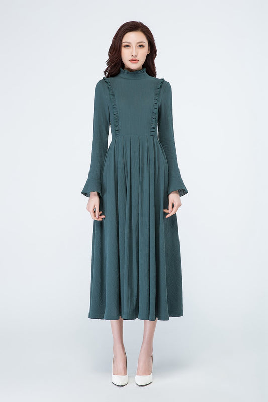 Maxi Dress in Cotton Linen Blend - Long Sleeve, Retro High Waist 1701