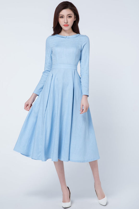 Light Blue Linen Long Sleeve Dress – Handmade A-Line Midi with Lapel Collar | Xiaolizi 1727