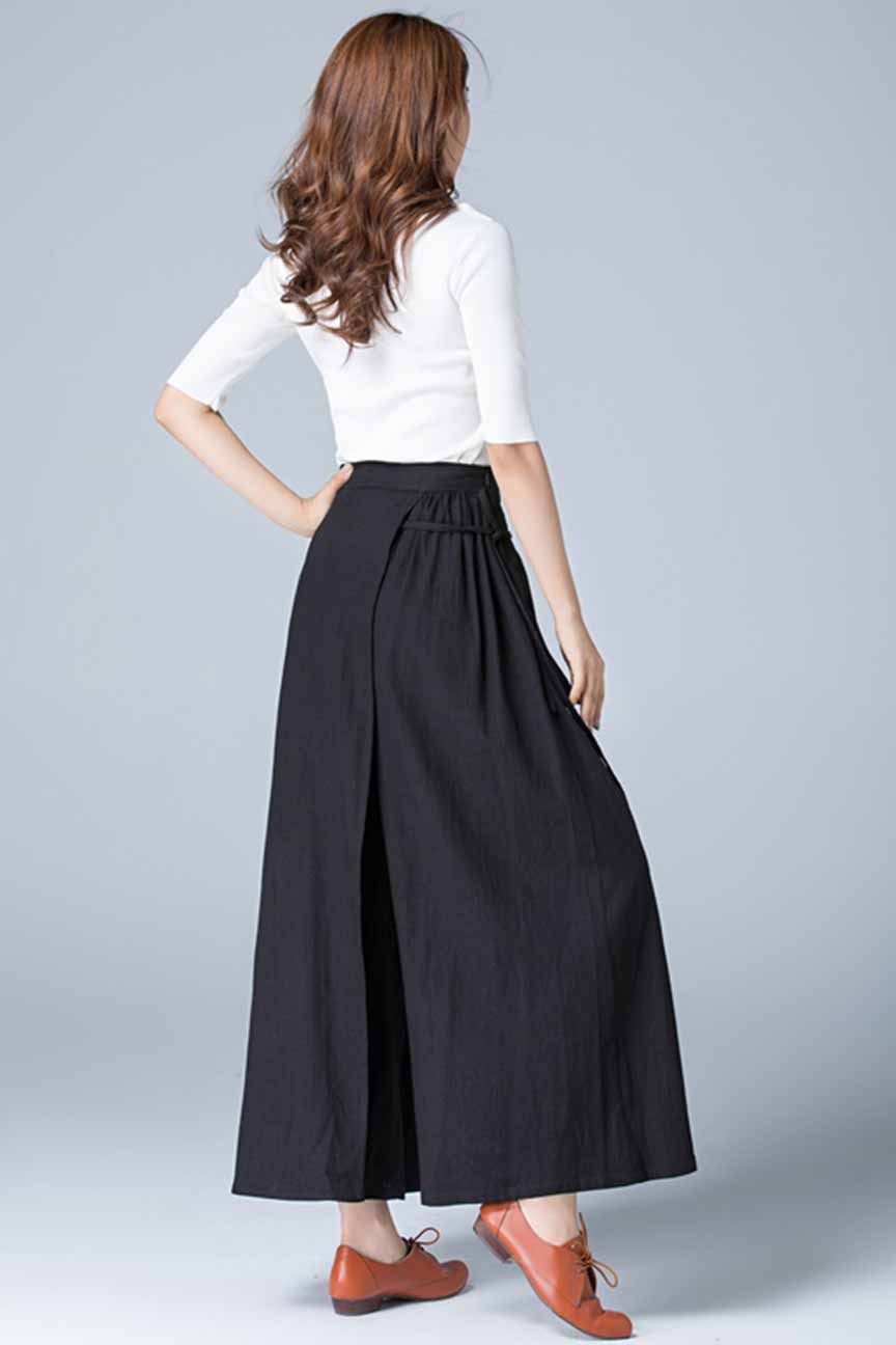 Black Linen Wide Leg Wrap Pants – Skirt Style Cotton Linen Palazzo 1771