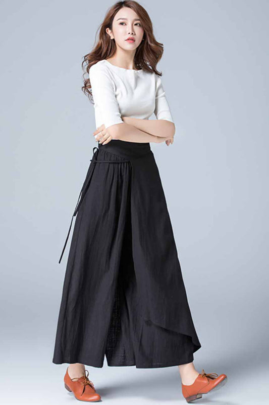 Black Linen Wide Leg Wrap Pants – Skirt Style Cotton Linen Palazzo 1771