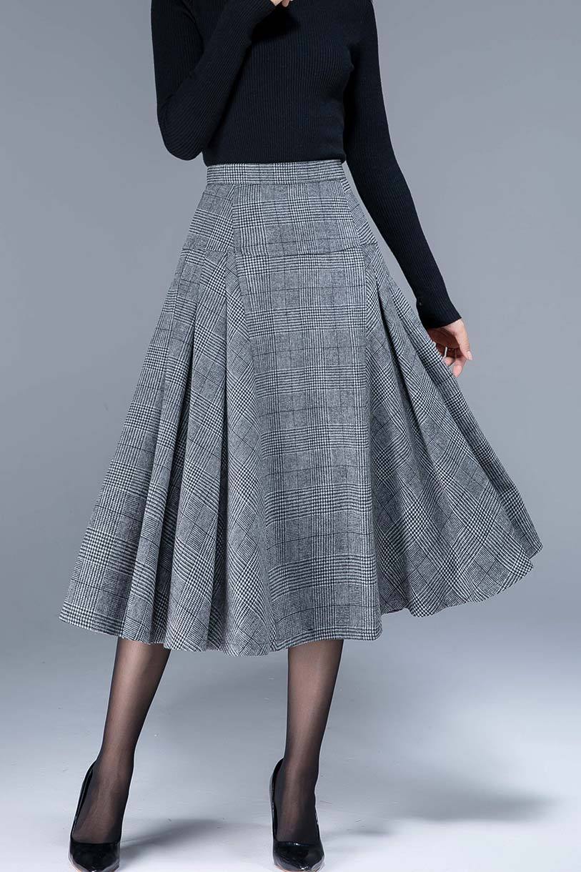 Plaid Wool Blend Midi Skirt – Handmade 1950s Vintage Swing Elegance 5401