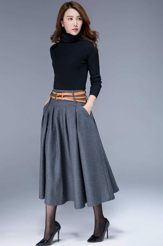 Wool Midi Skirt – Vintage High Waist Pleated Winter Skirt with Pockets 1796