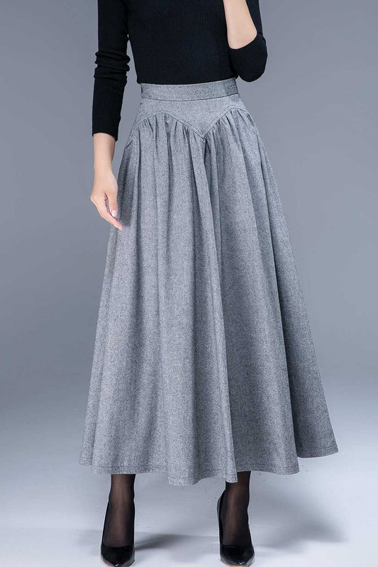 Vintage 1950s inspired gray flared wool skirt styled for winter