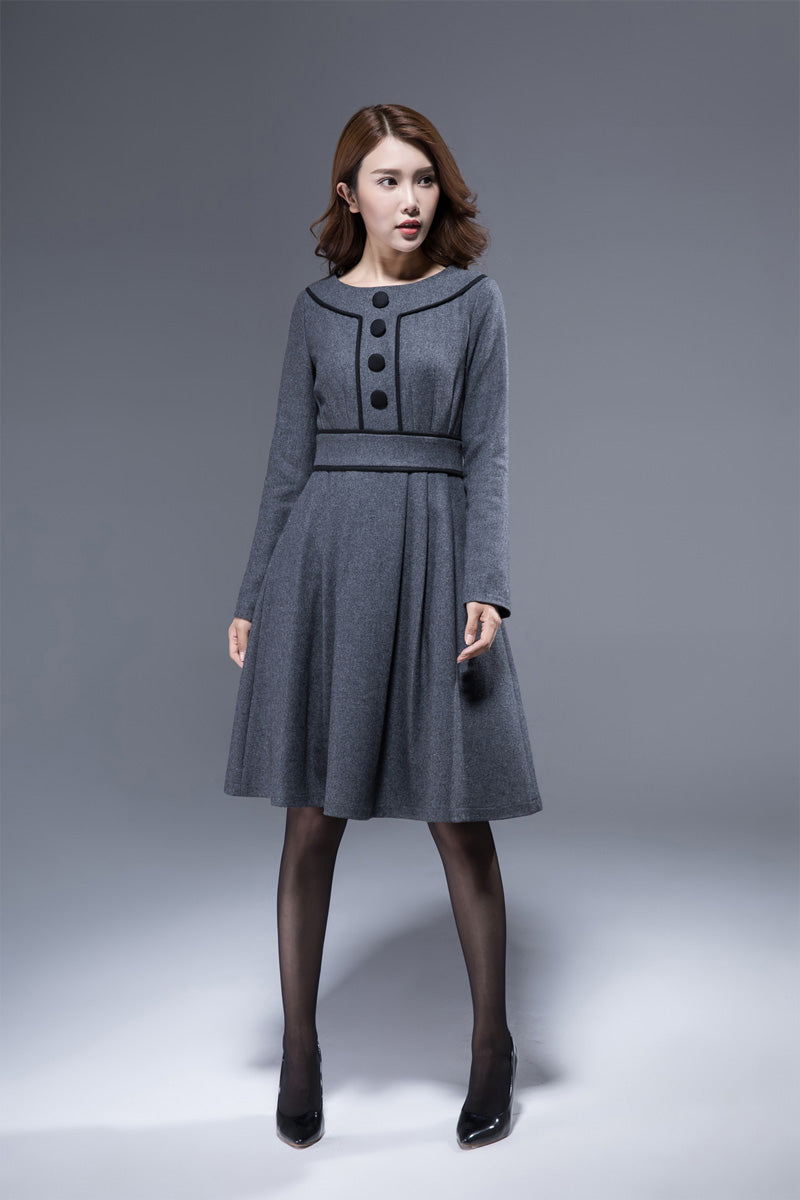 winter dress women, dark gray wool dress, knee length dress, wool dres