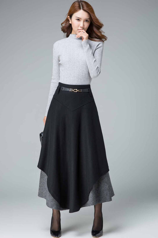 Black Wool Maxi Skirt - Tiered, Fit and Flare Silhouette 1837