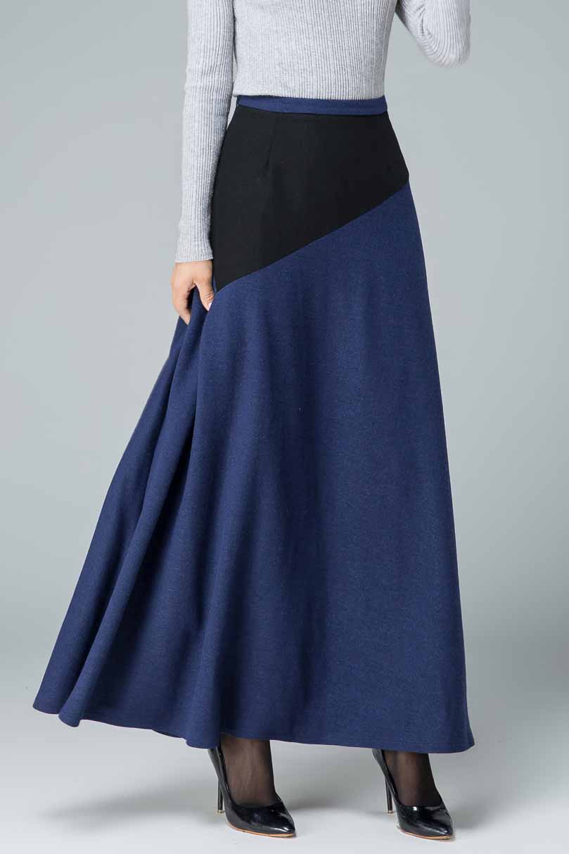 Gray Wool Maxi Skirt - Patchwork A-Line Silhouette 1795