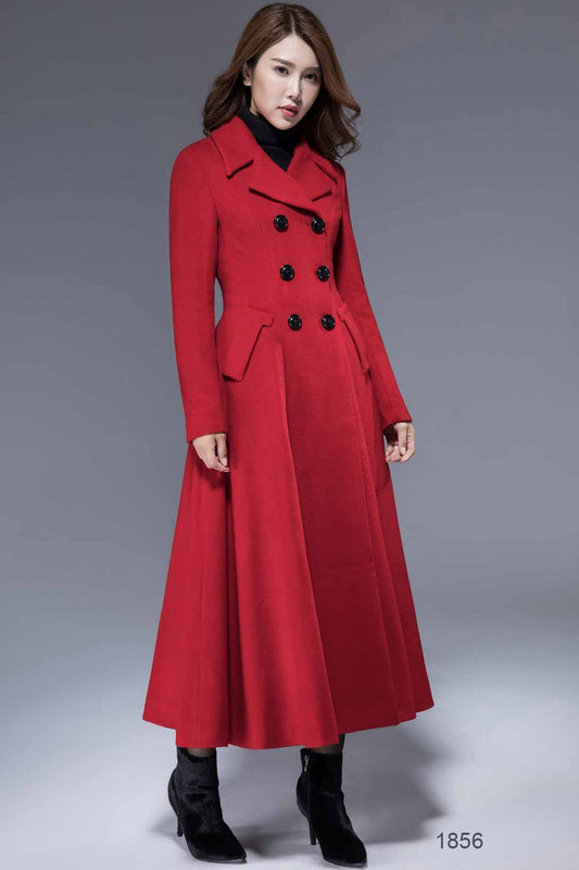 Red Wool Coat – Vintage Double Breasted Swing Maxi Winter Overcoat | Xiaolizi 1856
