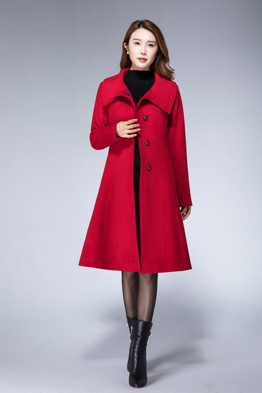 woman wearing red wool peacoat with lapel collar and single-breasted buttons
