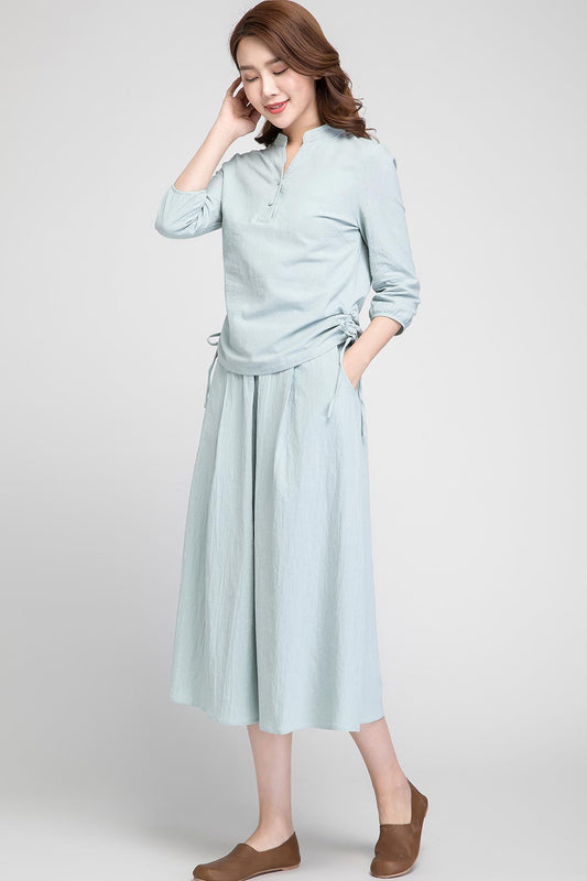 Mint Green Linen Midi Skirt - Elastic Waist with Seam Pockets 1898