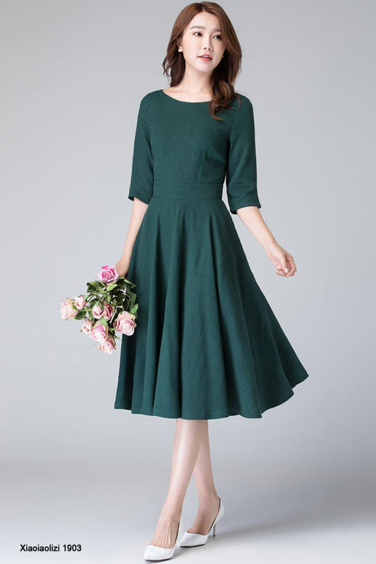 Handmade Dark Green Linen Cotton Midi Dress – Fit & Flare with Pockets 1903