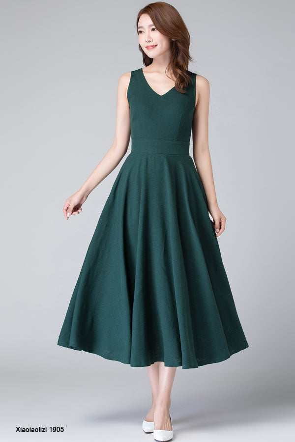 Handmade Green Linen Maxi Dress Sleeveless V-Neck Fit & Flare | Xiaolizi 1905 Forest Green / Custom order Handmade Green Linen Maxi Dress Sleeveless V-Neck Fit & Flare | Xiaolizi 1905 Forest Green / Custom order