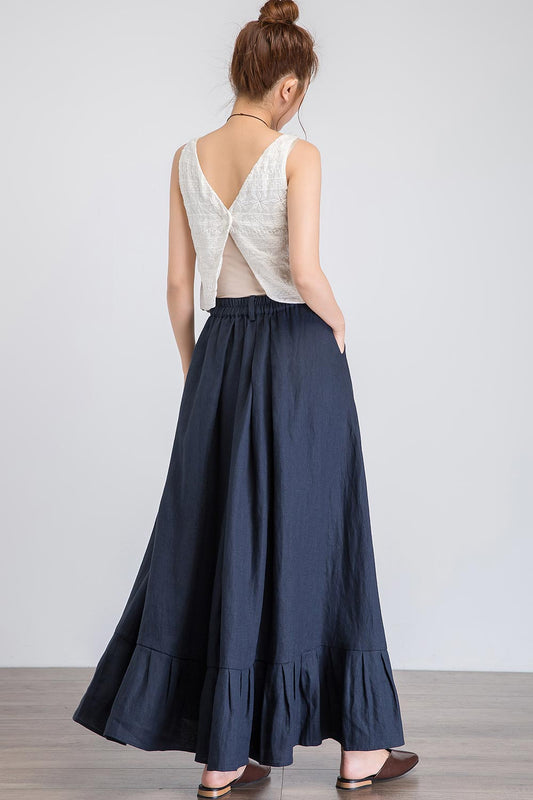Navy Linen Maxi Skirt - Ruffle Hem, Elastic Waist 1923