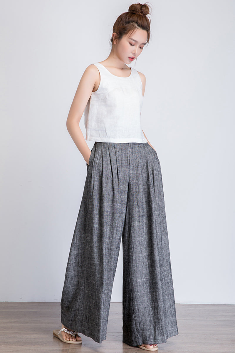 2022 Cotton Linen Loose Long Trousers Women High Waist Pockets