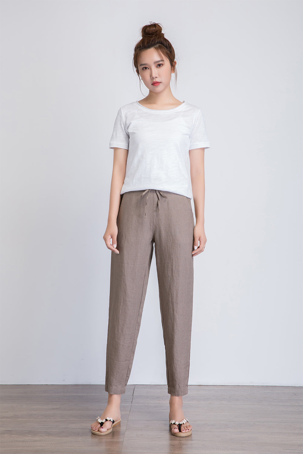  Casual Cotton Linen 3/4 Pants for Women Drawstring