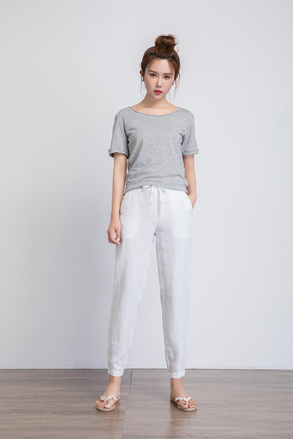white linen pants, linen trousers, tapered trousers, high waisted