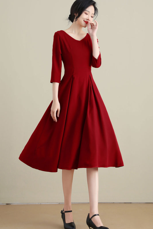 1950s Red V Neck Pleated Swing Dress 3270