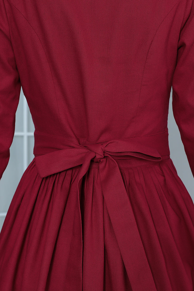 Spring Wine Red Vintage Inspired Linen Dress 3370