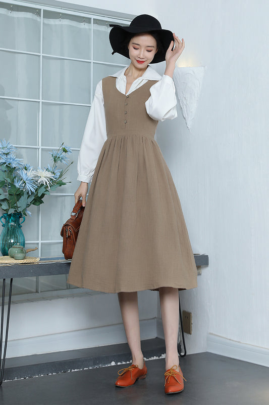 Brown Linen Midi Dress - Sleeveless, Button-Up Elegant Fit 3353