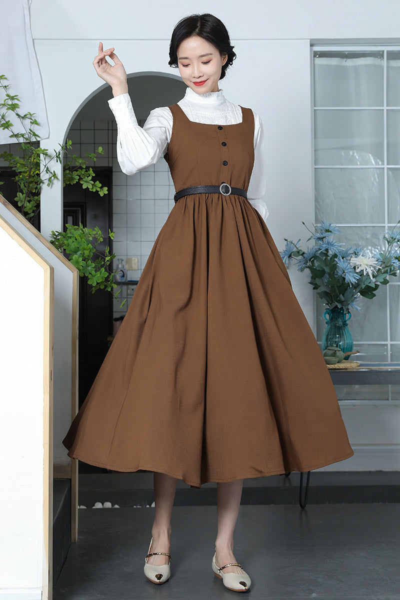 Brown Cotton Linen Swing Dress with Square Neckline and Pleated Waist Xiaolizi Brown Cotton Linen Swing Dress with Square Neckline and Pleated Waist Xiaolizi