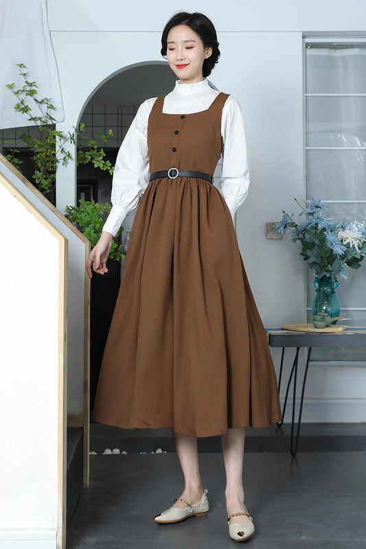 Brown Cotton Linen Swing Dress - Square Neckline, Pleated Waist 3371