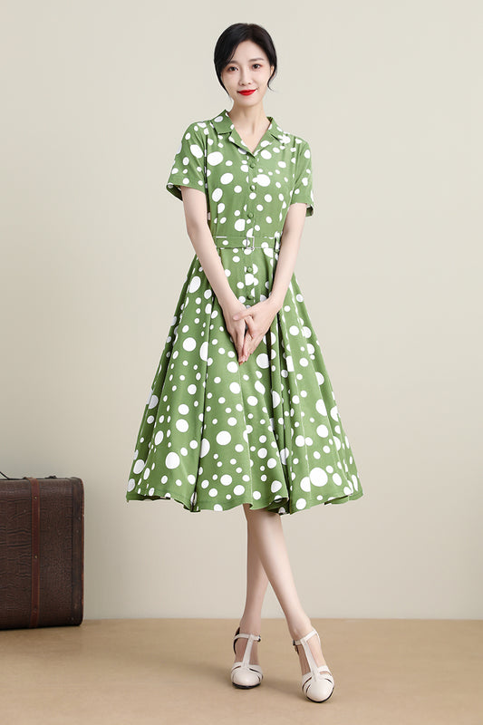 1950s Green Polka Dot Swing Shirtwaist Midi Dress 3309