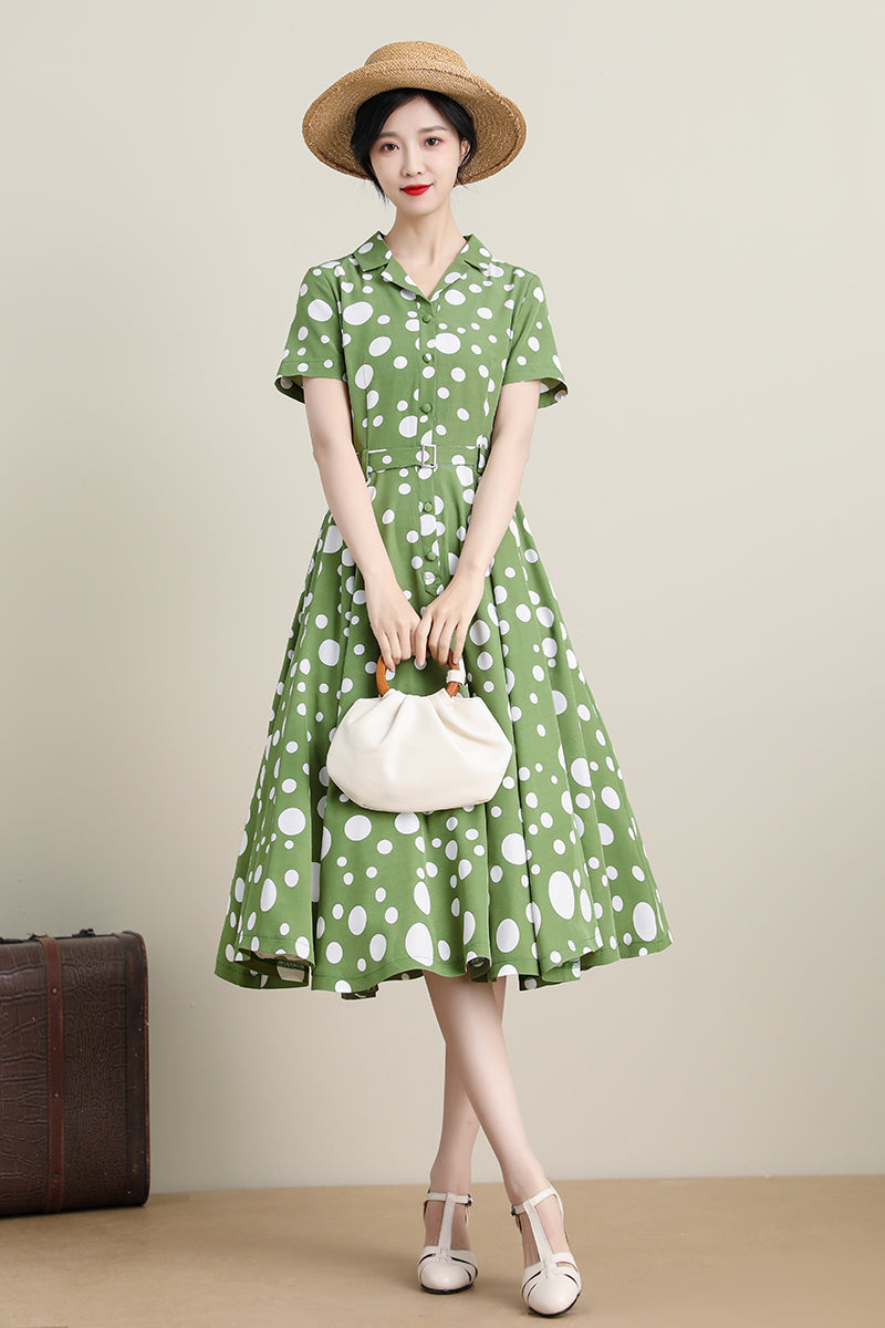 1950s Green Polka Dot Swing Shirtwaist Midi Dress 3309