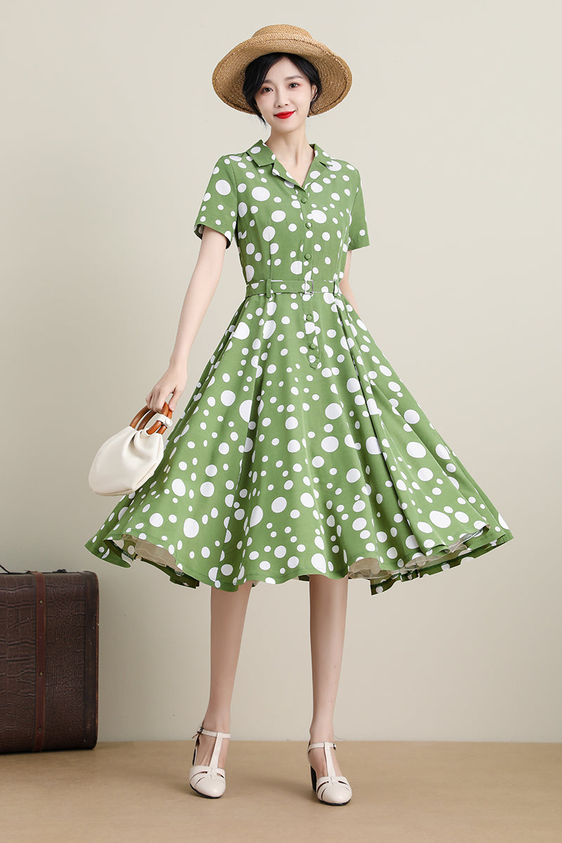 Women Midi Green Polka Dot Swing Shirtwaist Dress 3309,Size XS #CK2200 Xiaolizi Women Midi Green Polka Dot Swing Shirtwaist Dress 3309,Size XS #CK2200 Xiaolizi