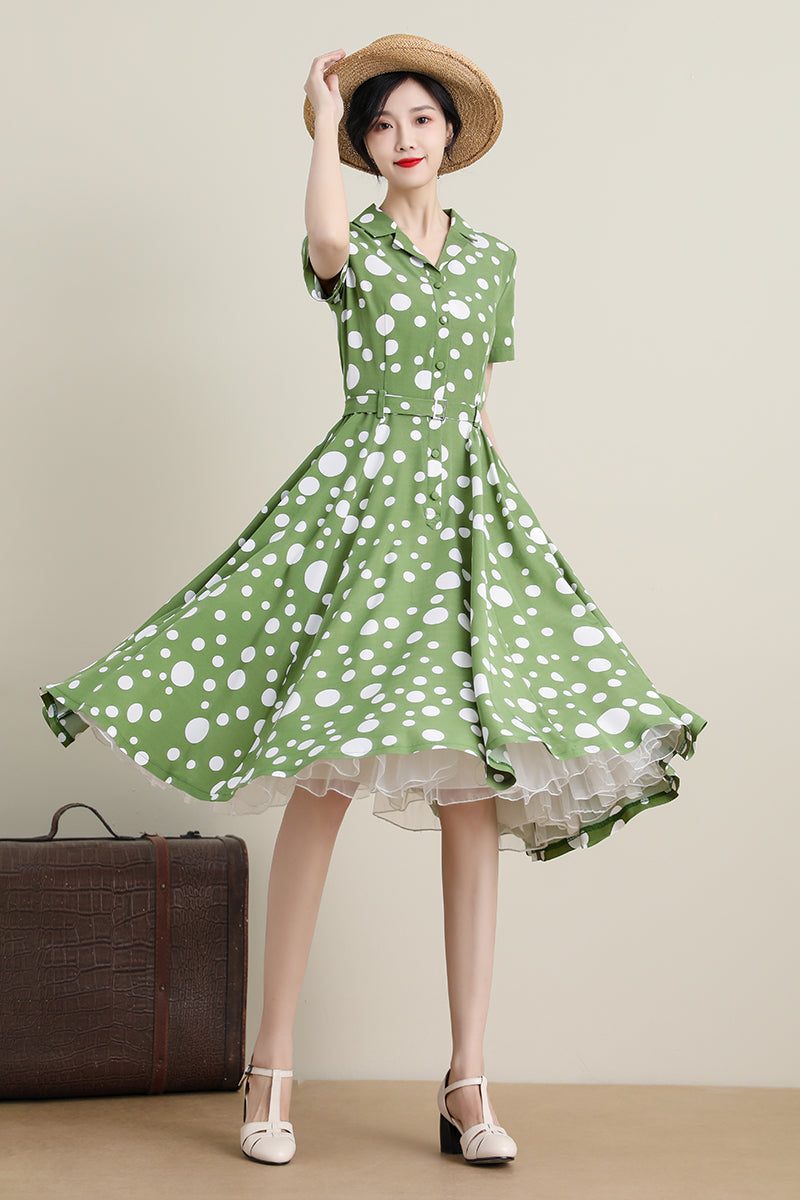 Women Midi Green Polka Dot Swing Shirtwaist Dress 3309,Size XS #CK2200092
