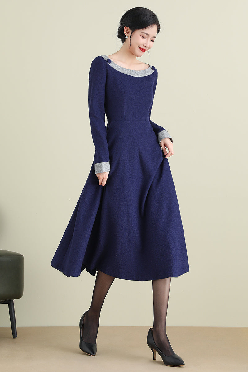 Women Long A-Line Wool Dress 3892