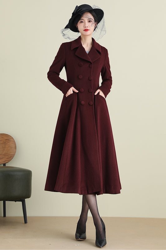 Handmade Wine Red Wool Coat – Vintage Double-Breasted Fit and Flare Overcoat | Xiaolizi 3893