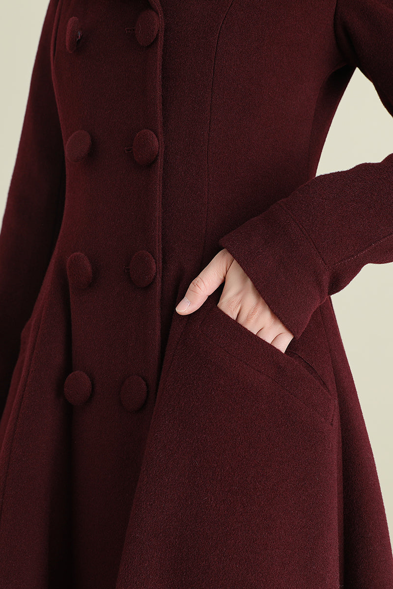 Handmade Wine Red Wool Coat – Vintage Double-Breasted Fit and Flare Overcoat | Xiaolizi 3893