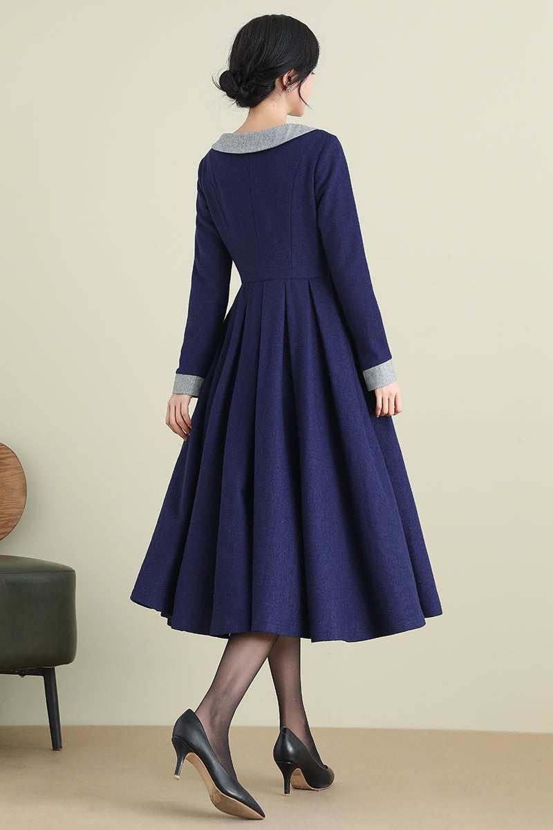 Navy Blue Midi Wool Dress 3894