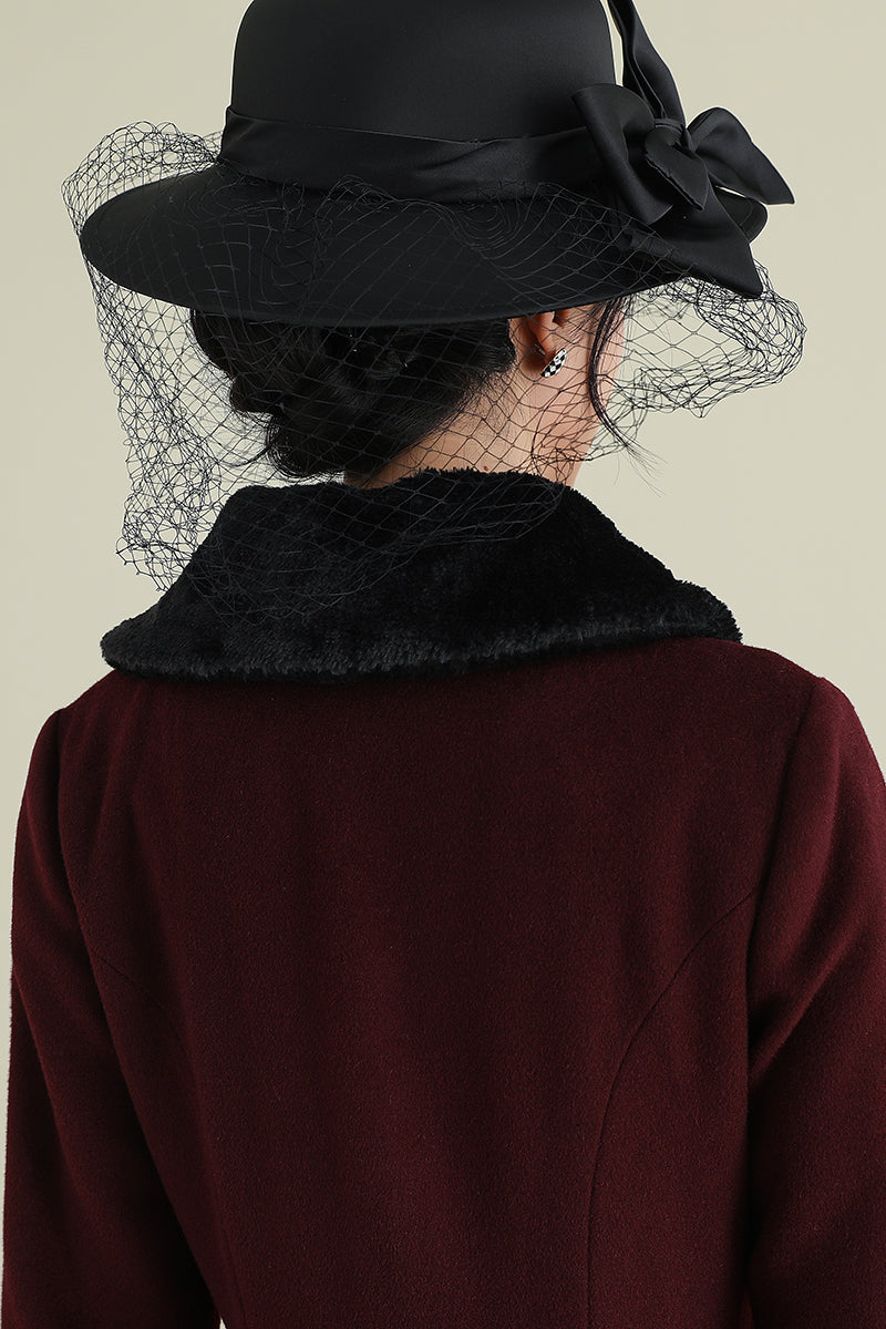 Xiaolizi Vintage Burgundy Wool Coat for Women – Handmade A-line High-Low Winter Coat with Faux Fur Collar 3895