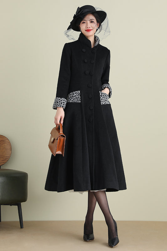 Black Wool Blend Long Coat – Vintage Inspired Mid-Calf Fit and Flare | Xiaolizi 3896