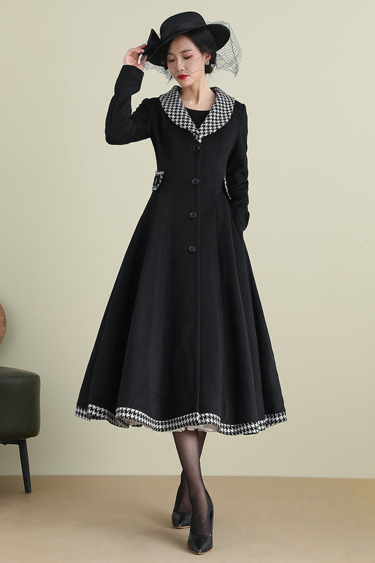 Black Wool Coat with Houndstooth Trim – Vintage Fit & Flare Long Winter Coat 3897