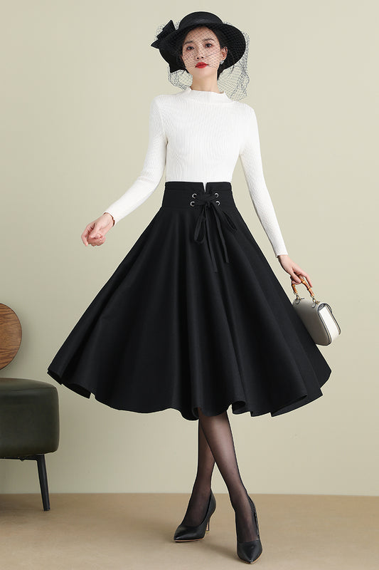 Black Midi Swing Wool Skirt 3900