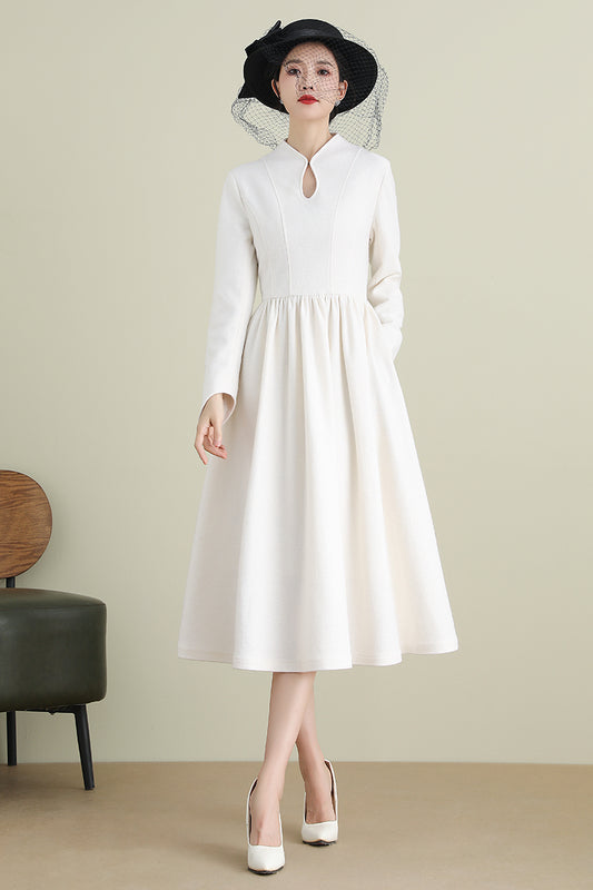 White A-Line Midi Wool Dress 3902