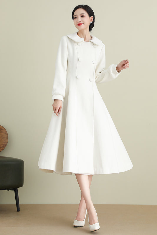 Handmade White Wool Coat – Long A-Line Swing Winter & Wedding Overcoat for Women | Xiaolizi 3904