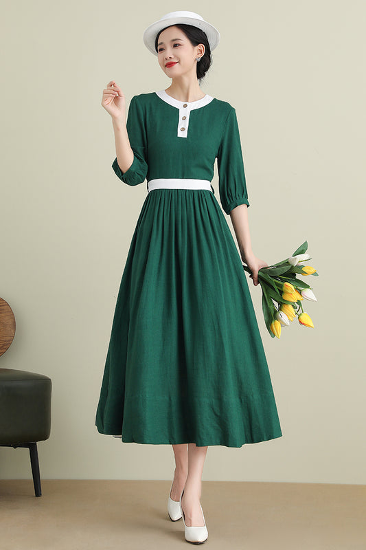 Green Half Sleeve Midi Linen Dress 3905